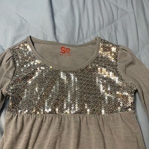 Gray t-shirt material dress with silver sequin top. Size: Girls 8